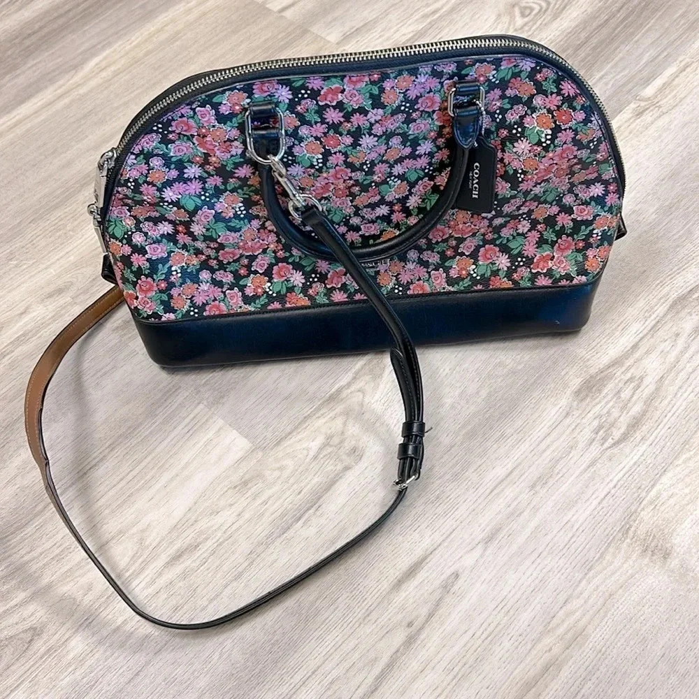 COACH Sierra Posey Cluster Black & Pink Floral Coated Canvas Satchel Bag #F57622